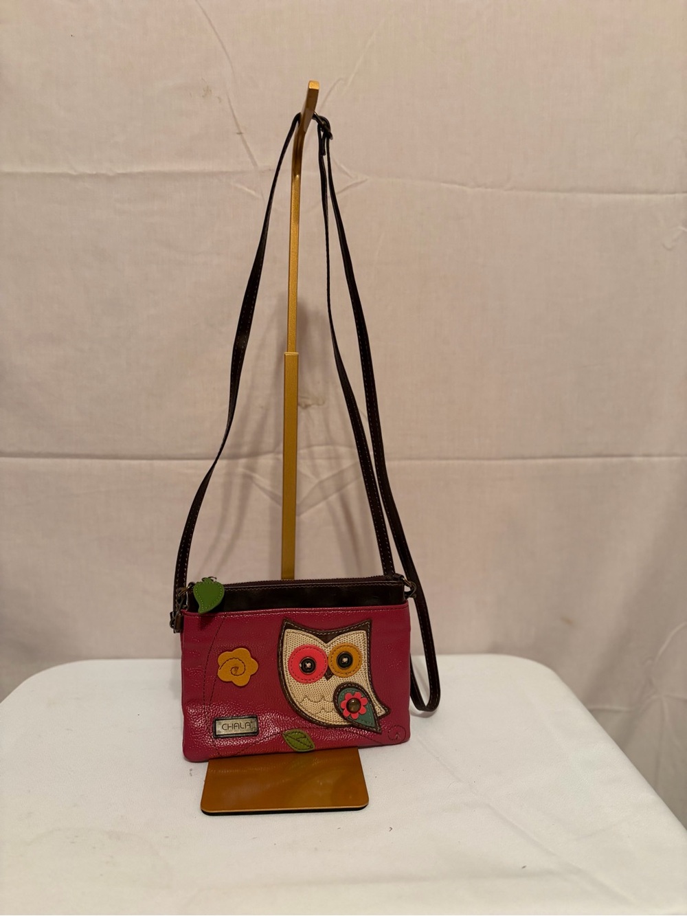 Chala Small Slim Owl Dark Pink Faux Leather Cross Body Shoulder Bag.